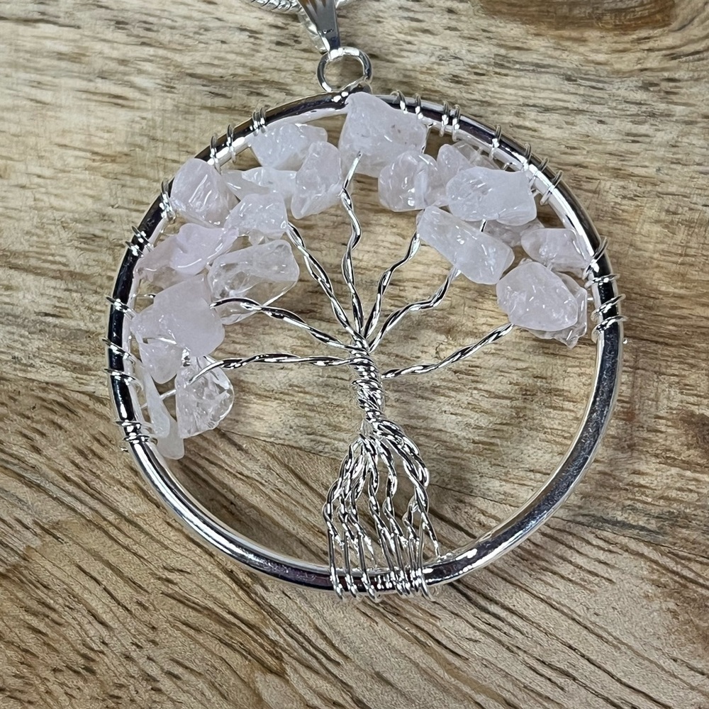 WIRE WRAPPED ROSE QUARTZ TREE OF LIFE PENDANT WITH CHAIN